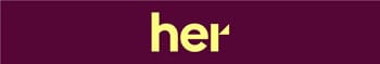 The image displays a graphic with a dark purple background and the word "her" in lowercase golden letters aligned to the left.
