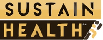 Logo with the words "SUSTAIN HEALTH" in capital letters, gold and white colors on a brown background, with a graphic element resembling a heartbeat line extending from the letter 'H'.